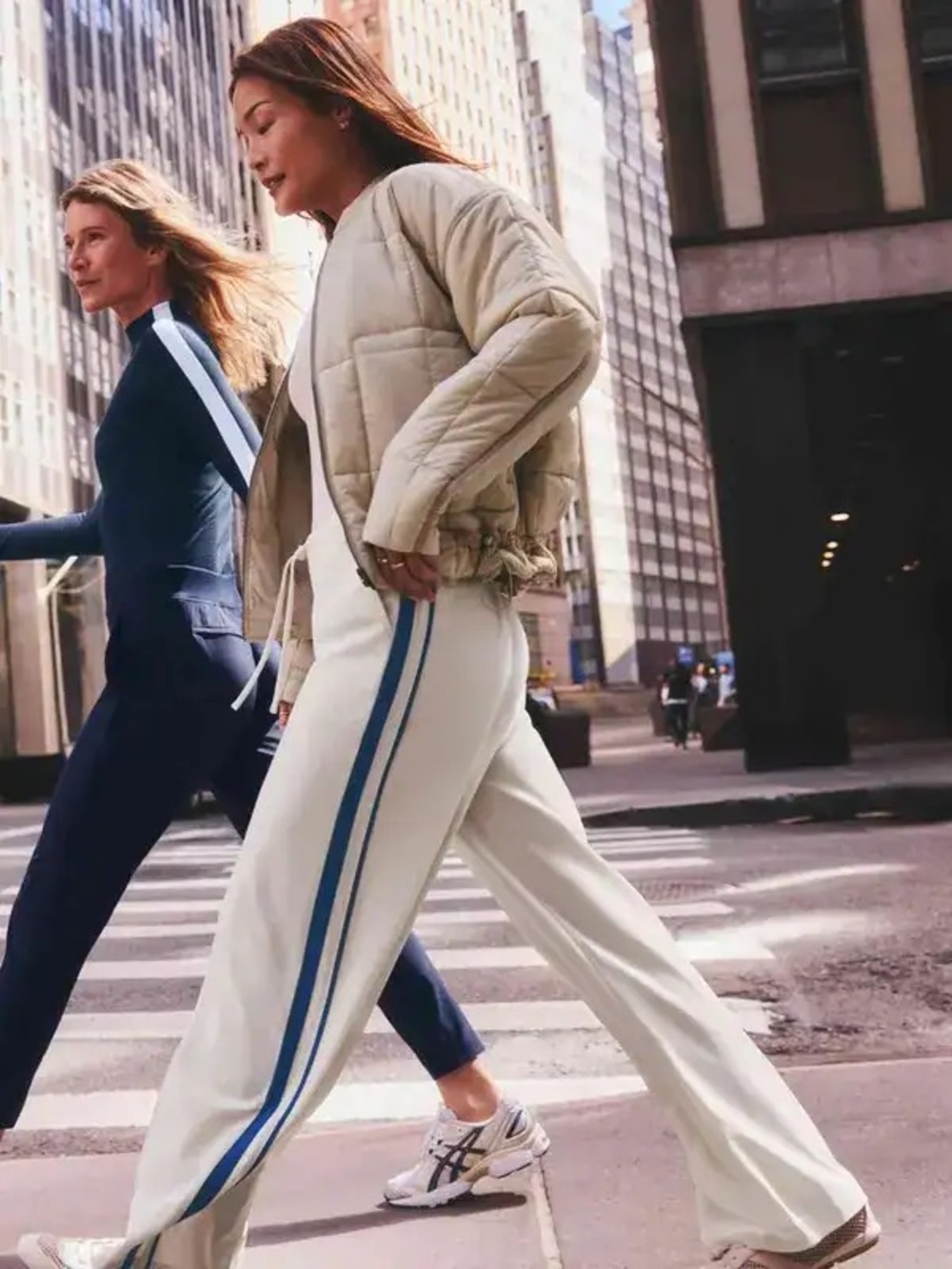 Athleta Cream Joggers with Navy & White Side Stripes